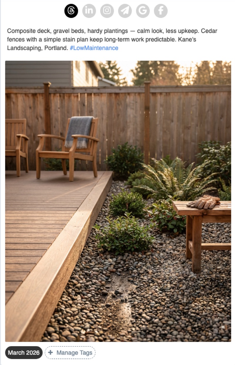 Example landscaping social media post showing a completed deck and garden design
