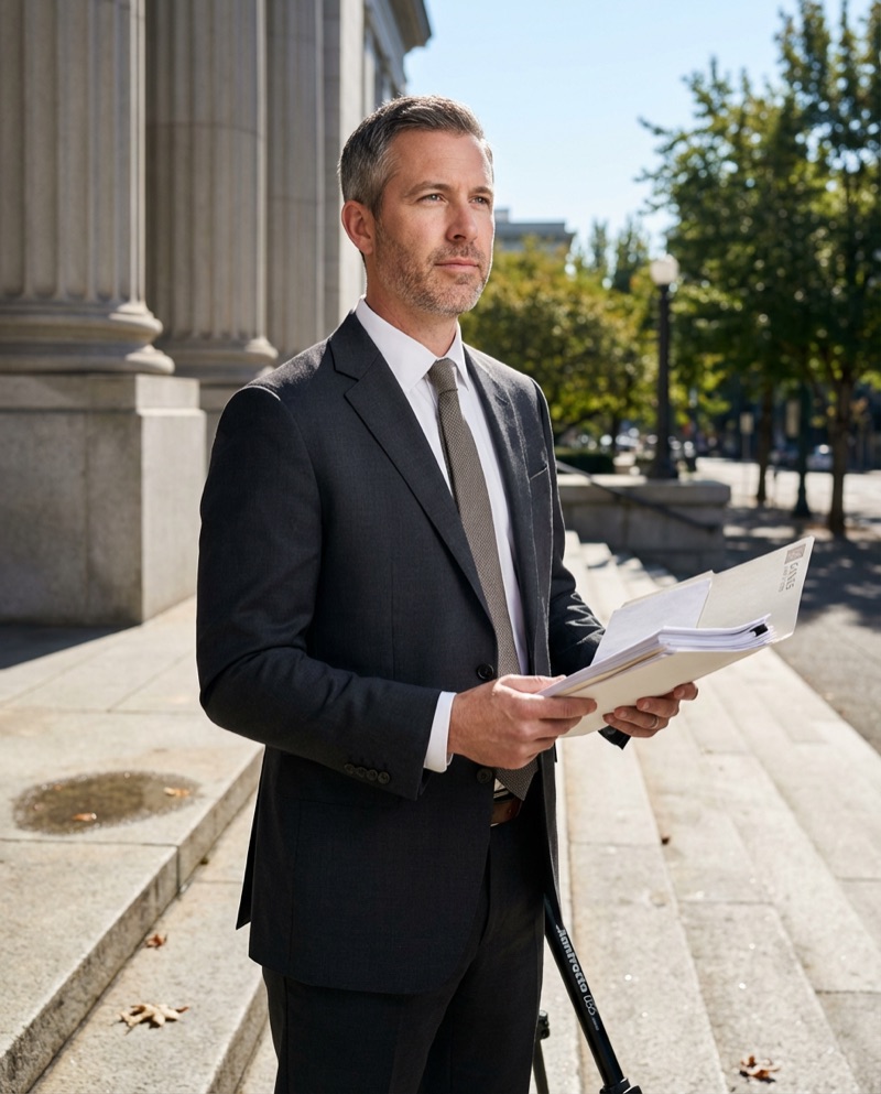 Example legal social media content showing an attorney outside a courthouse