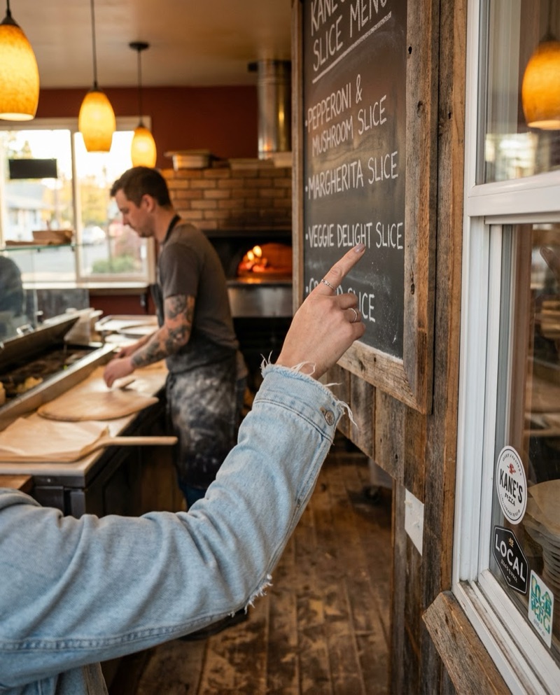 Example restaurant social media content showing a pizza shop interior with wood-fired oven