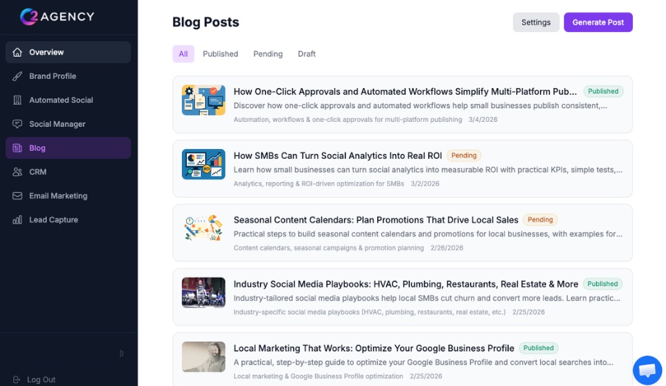 C2 Agency blog post list with review and auto-publish