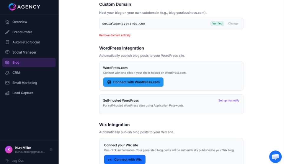 C2 Agency blog publishing to WordPress, Wix, and custom domain