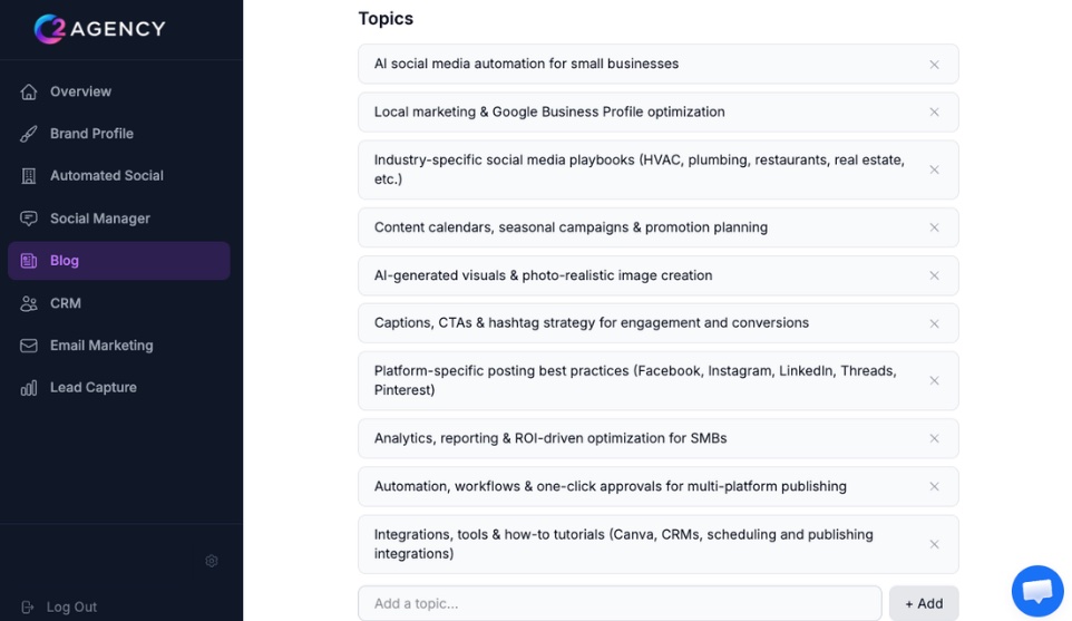 C2 Agency AI blog topic generation based on brand profile