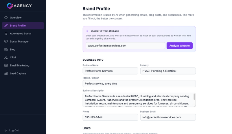 C2 Agency brand profile builder — AI-assisted setup