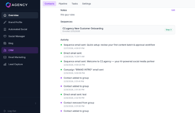 C2 Agency CRM contact profile with activity log