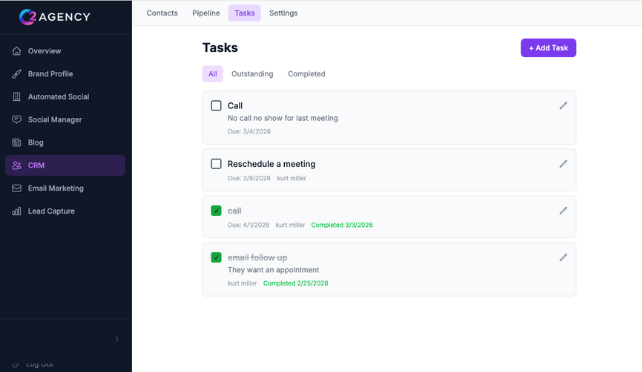 C2 Agency CRM task management and follow-ups