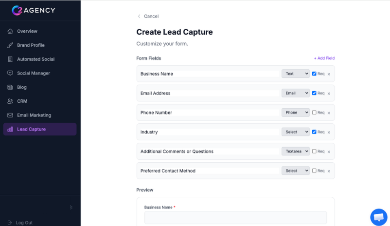 C2 Agency customizable lead capture form